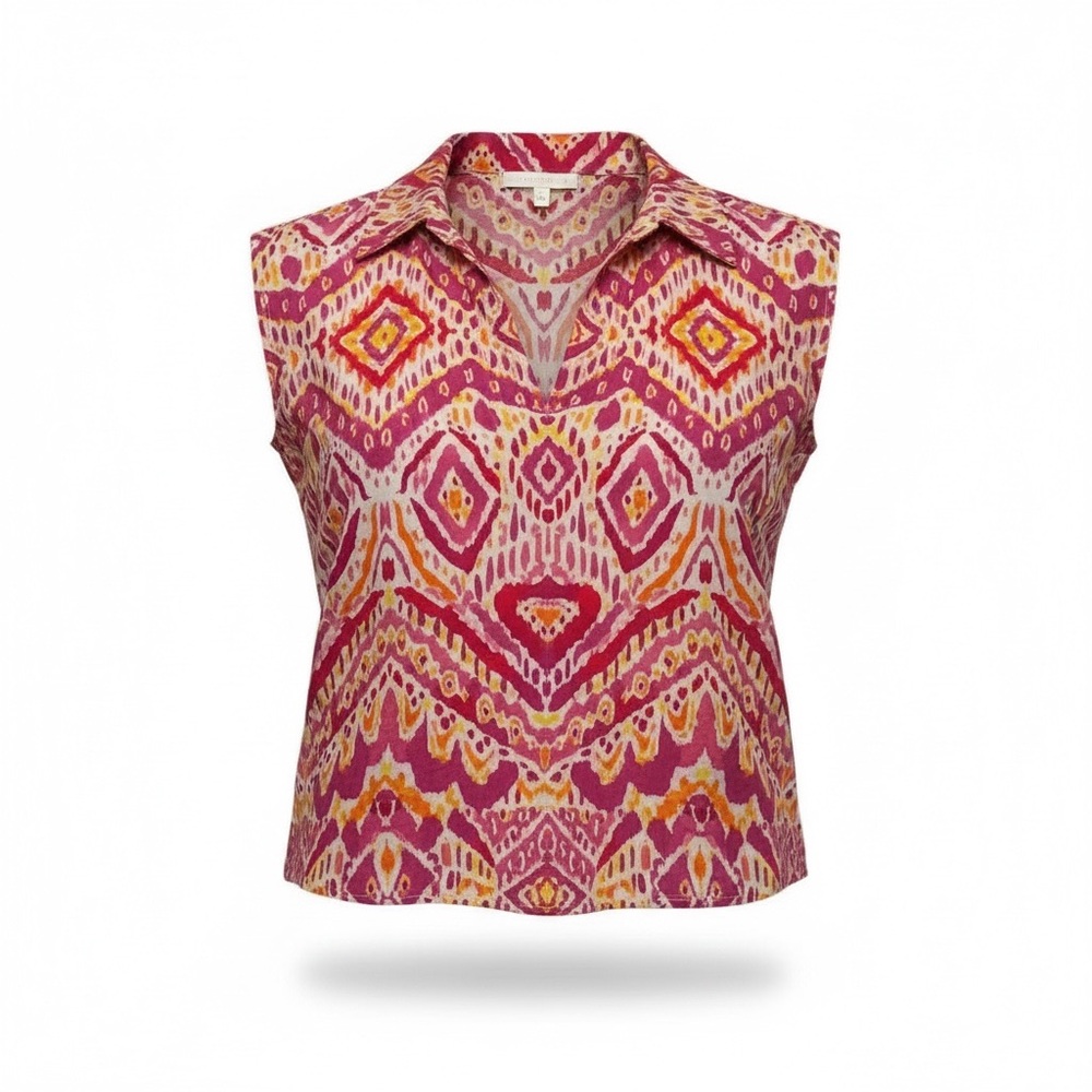 Karlie Pink Orange Ikat Print Cotton Popover‎ Blouse Size Small